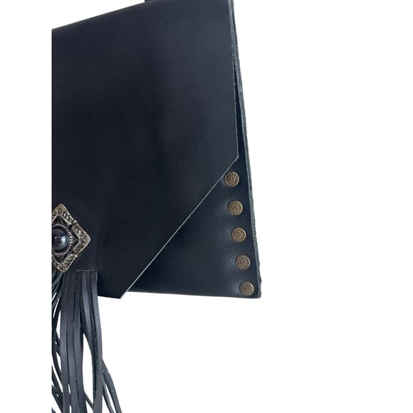 Black Leather Fringe Envelope Style Slim Shoulder Bag Boho Western Vibes - Picture 9 of 13